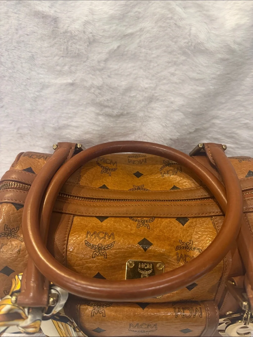 MCM Cognac Monogram Visetos Satchel with Gold Charms